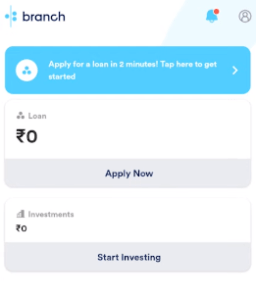 branch loan app home page with loan apply and investment option 