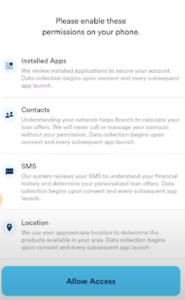 branch loan app permission page 